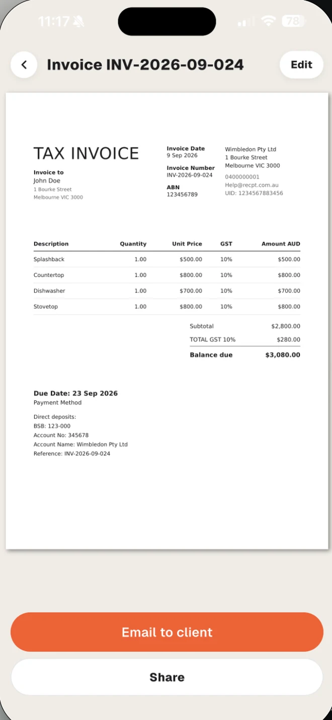 Tax invoice preview with Email to client button